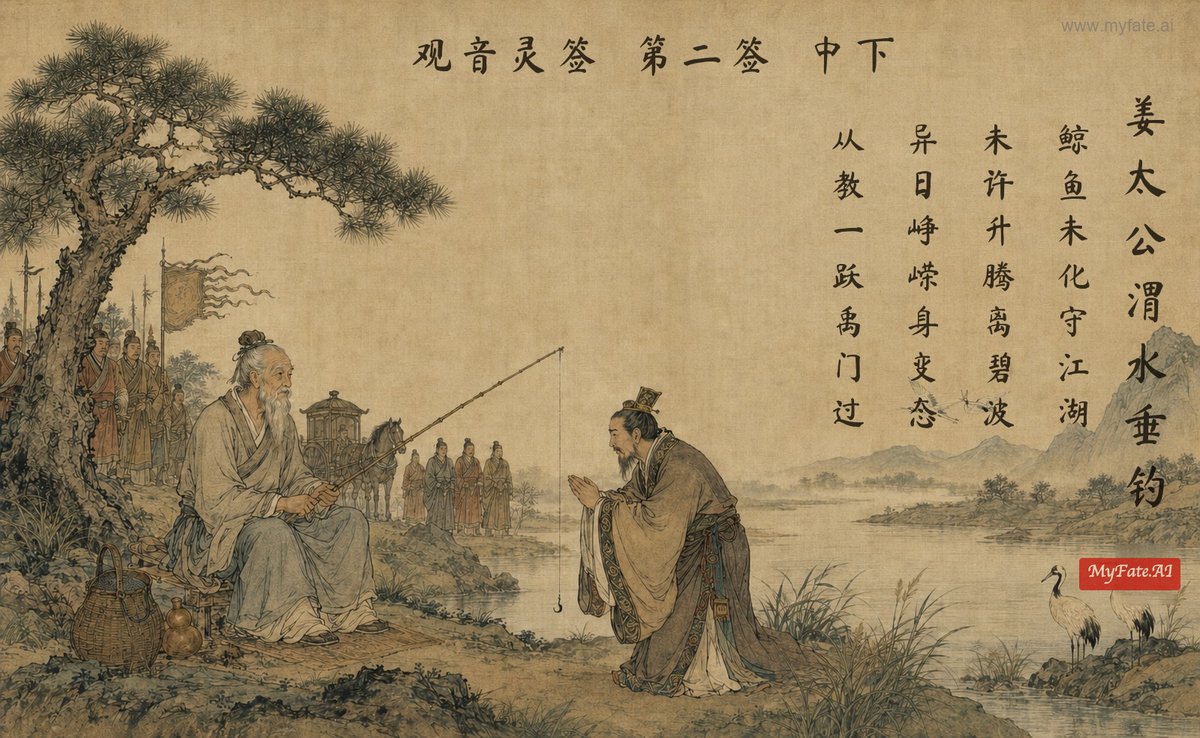 강태공이 위수에서 낚시하다 — 전고 삽화(중국어 제자 포함)