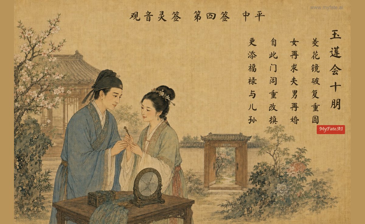 玉蓮、十朋と再会 — 典故の挿絵（中国語の題字入り）