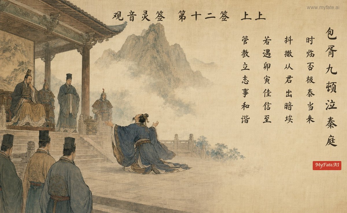 Shen Baoxu Bows Nine Times and Weeps at the Court of Qin — illustration with Chinese inscription