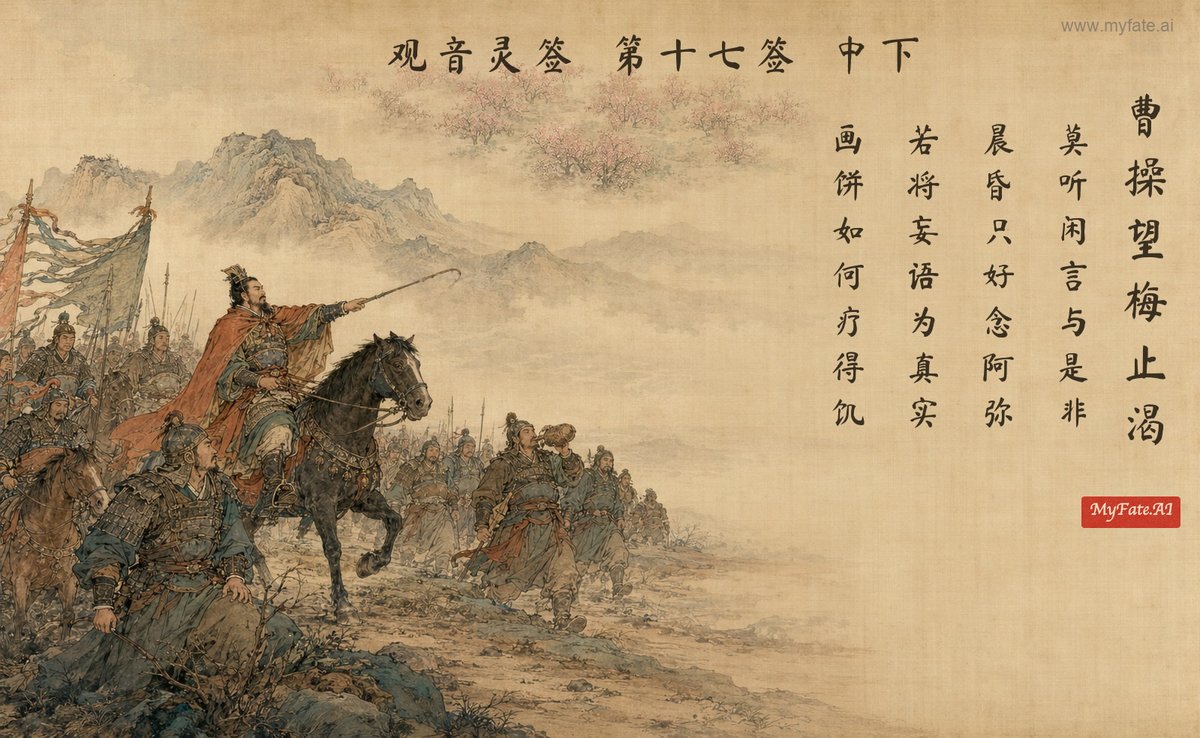 曹操、梅の話で渇きをしのぐ — 典故の挿絵(中国語の題字入り)