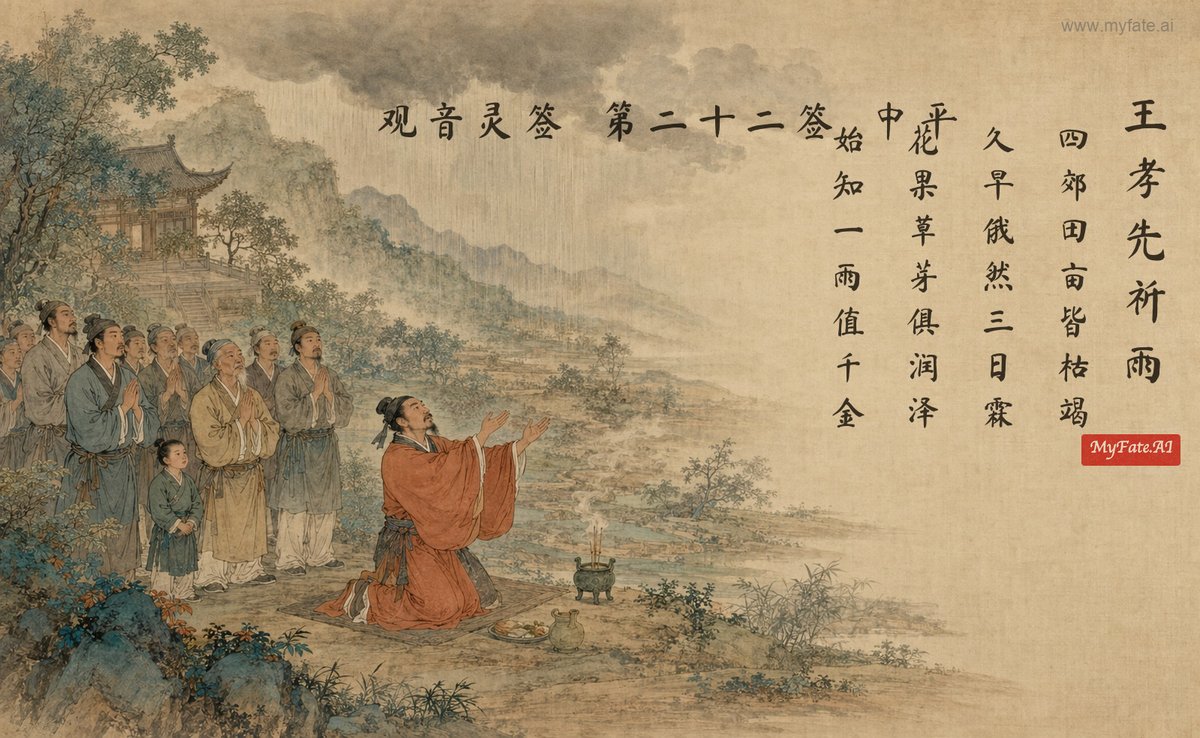 王孝先、雨乞いをする — 典故の挿絵（中国語の題字入り）
