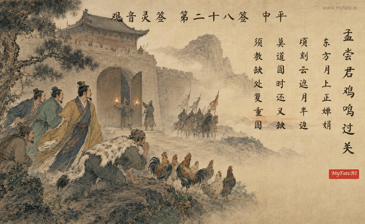Lord Mengchang Passes the Pass at Cockcrow — illustration with Chinese inscription
