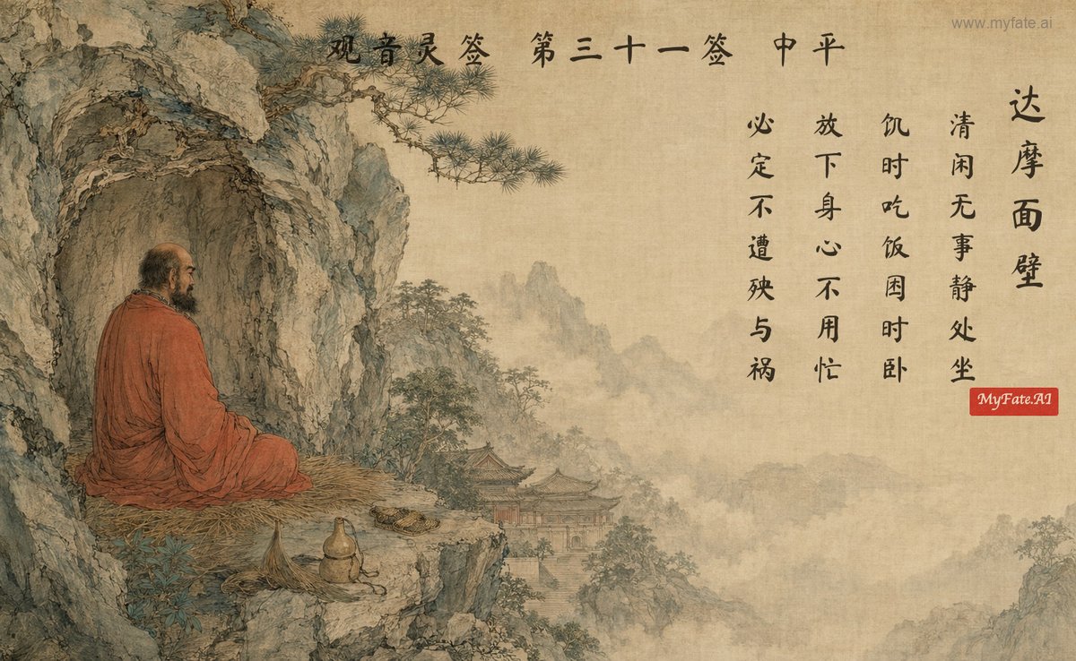 Bodhidharma faces the wall — illustration with Chinese inscription