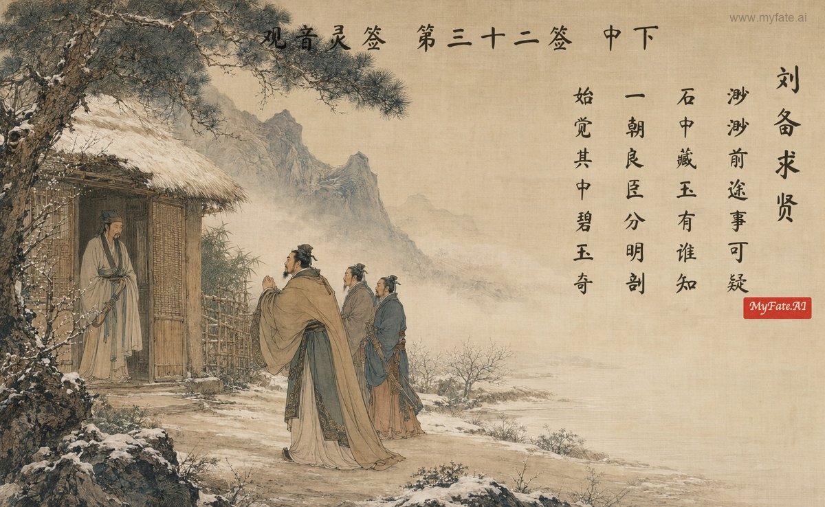 유비가 인재를 구하다 — 전고 삽화(중국어 제자 포함)