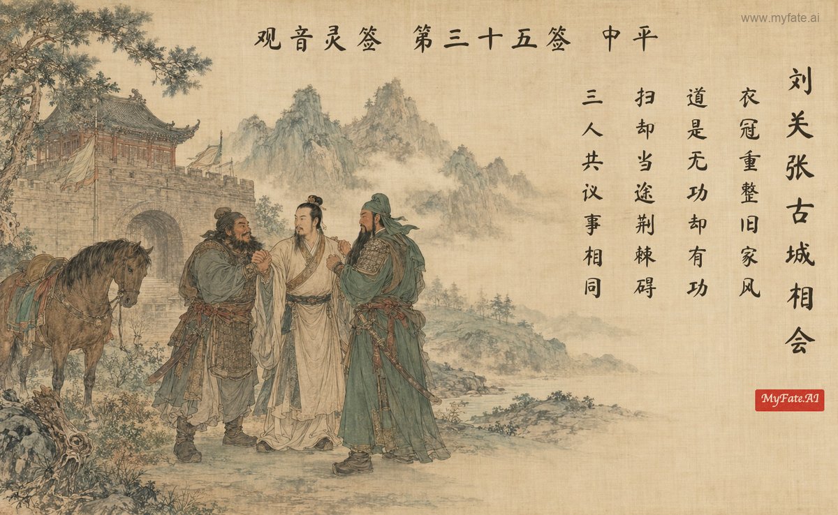 劉・関・張、古城で再会する — 典故の挿絵(中国語の題字入り)