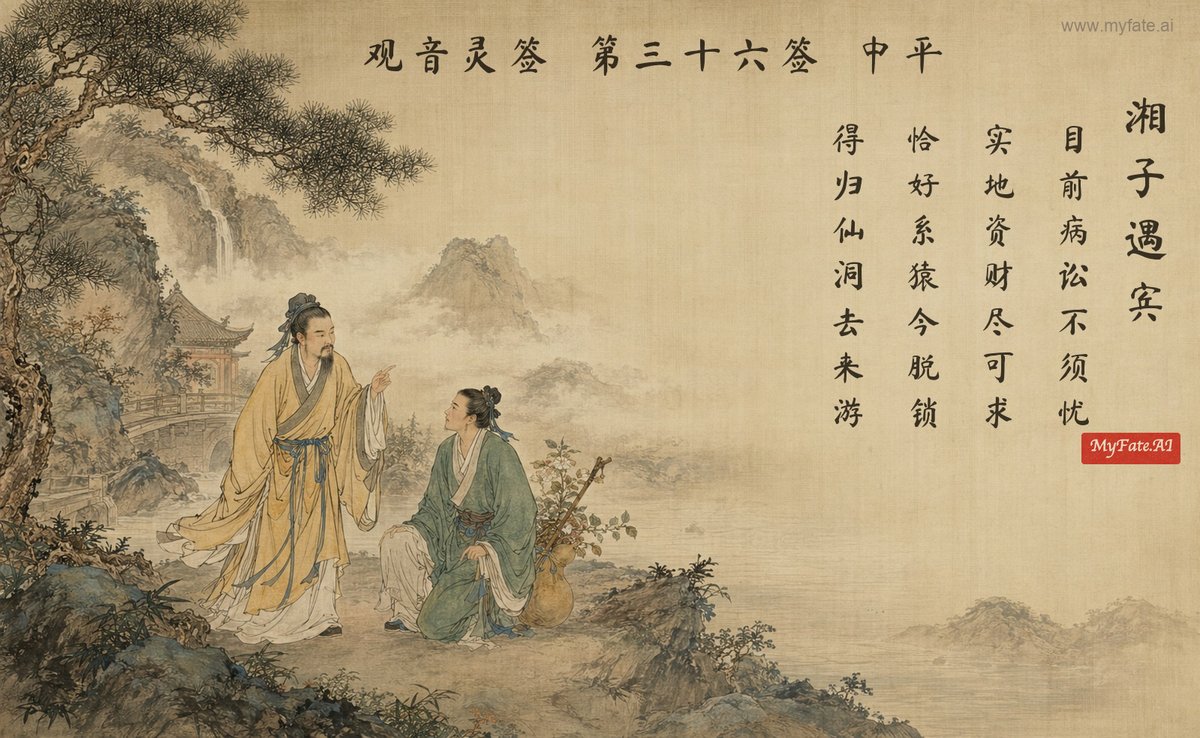 韓湘子が呂洞賓に会う — 典故の挿絵（中国語の題字入り）