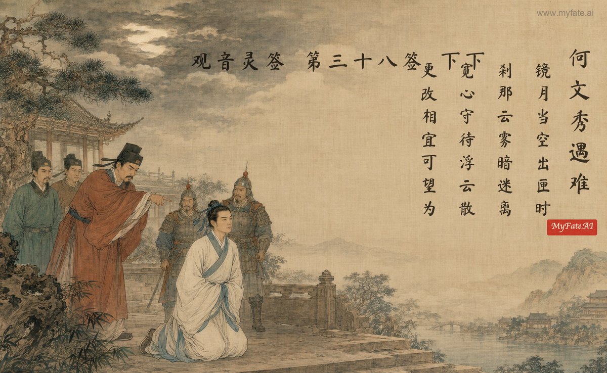Disaster strikes He Wenxiu — illustration with Chinese inscription