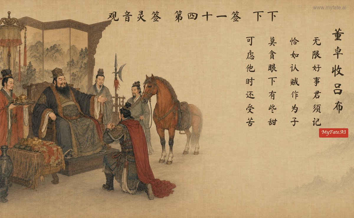 Dong Zhuo wins over Lu Bu — illustration with Chinese inscription