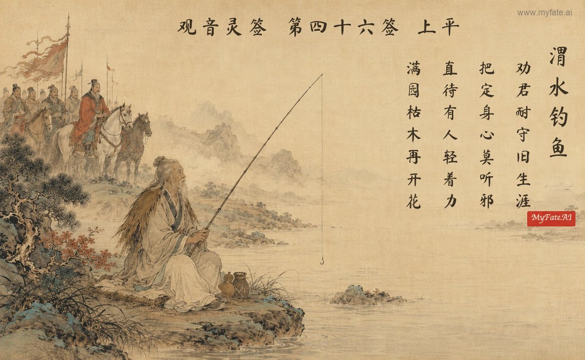 太公望が渭水で釣る — 典故の挿絵（中国語の題字入り）