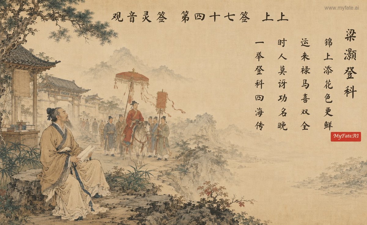Liang Hao passes the imperial exam — illustration with Chinese inscription