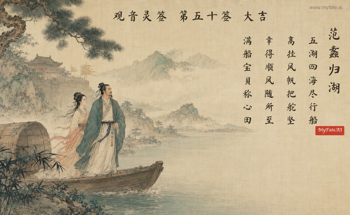 Fan Li retires to the lakes — illustration with Chinese inscription
