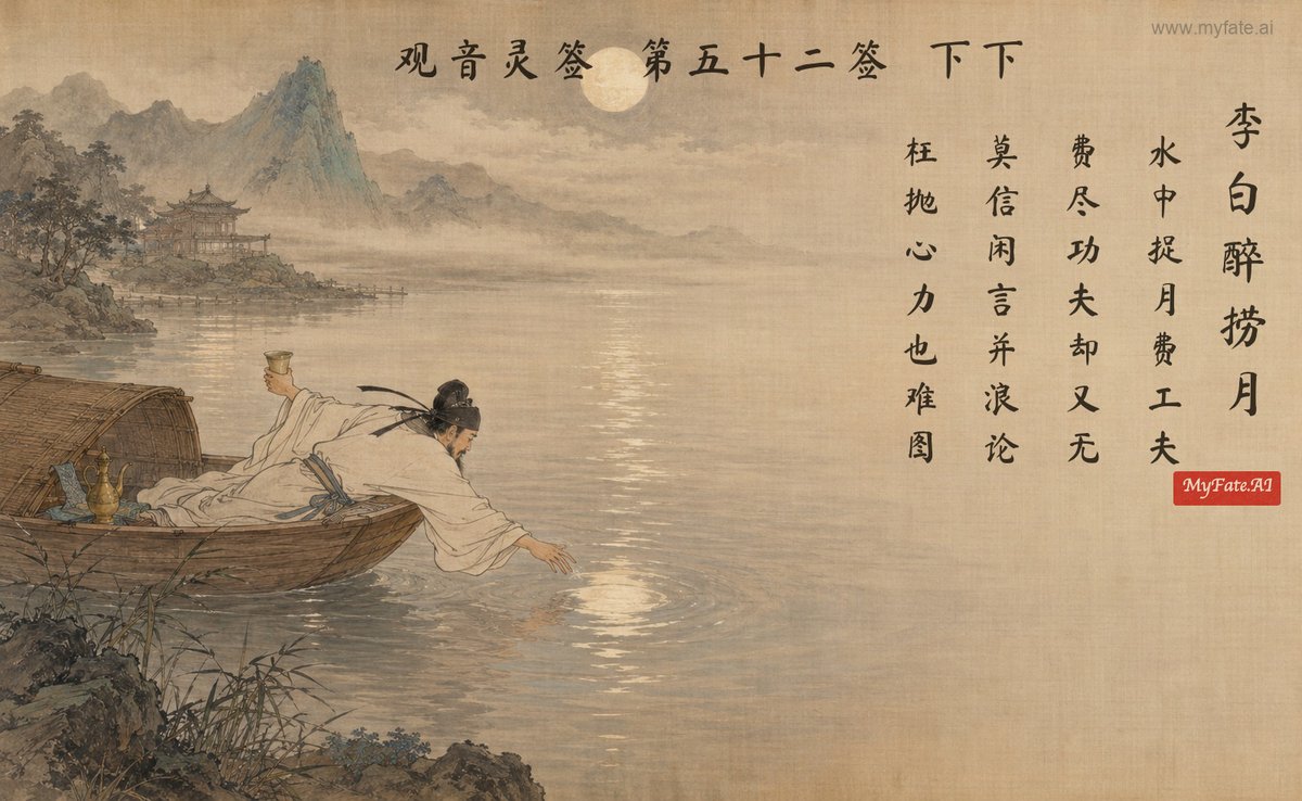 Drunken Li Bai scoops the moon — illustration with Chinese inscription