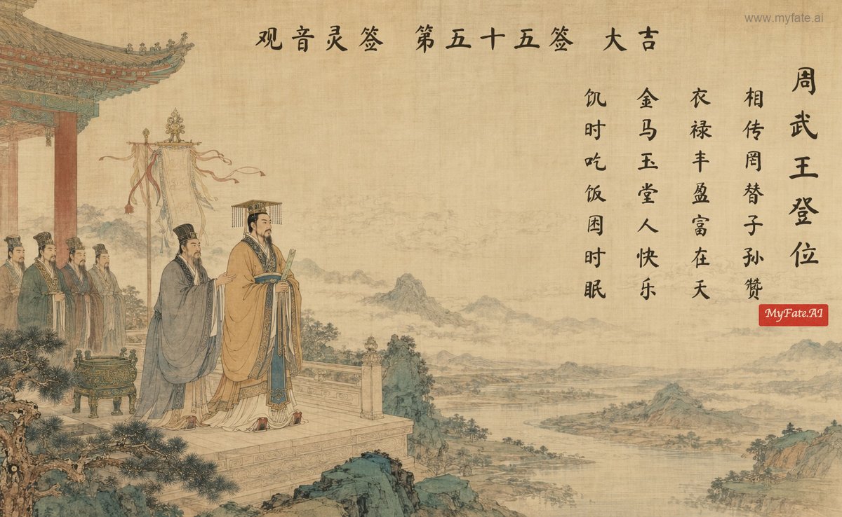 King Wu of Zhou enthroned — illustration with Chinese inscription