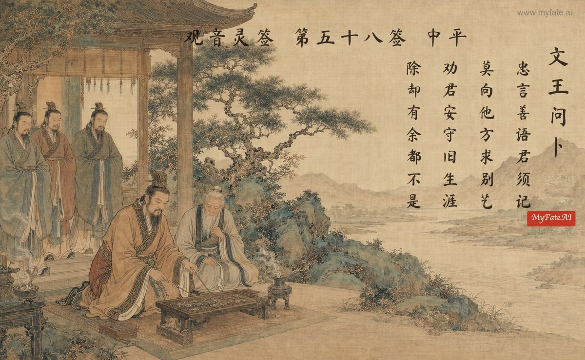King Wen consults the oracle — illustration with Chinese inscription