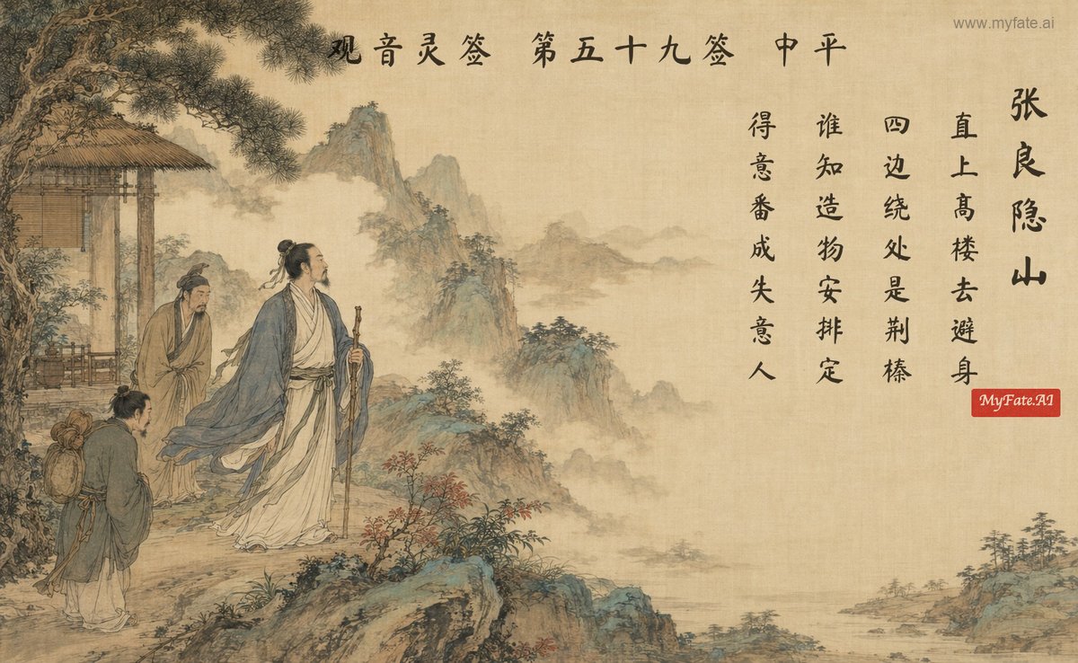 Zhang Liang retires to the mountains — illustration with Chinese inscription