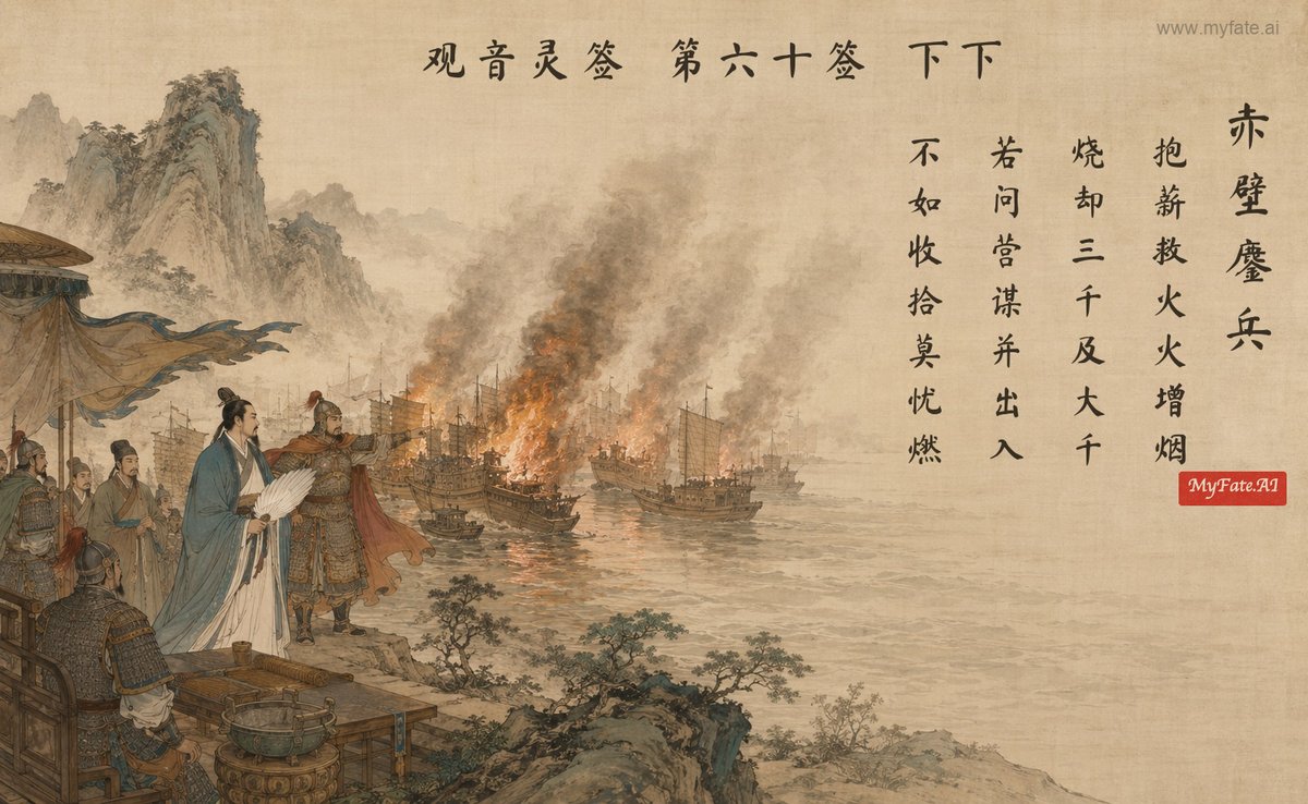 Fierce battle at Red Cliffs — illustration with Chinese inscription