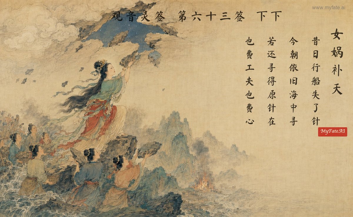 女媧、天を補う — 典故の挿絵(中国語の題字入り)