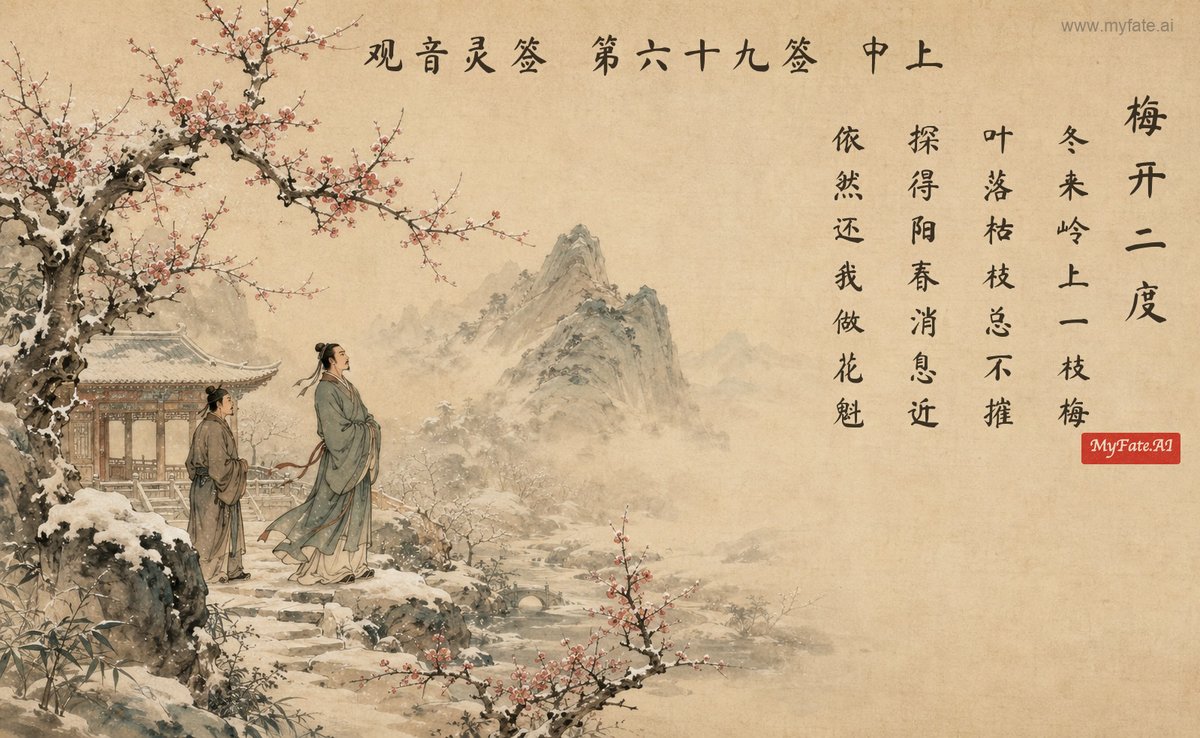 梅の二度咲き — 典故の挿絵（中国語の題字入り）