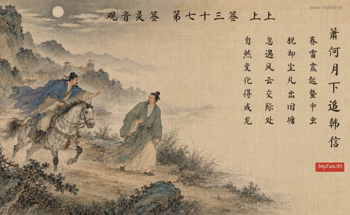 蕭何、月下に韓信を追う — 典故の挿絵（中国語の題字入り）