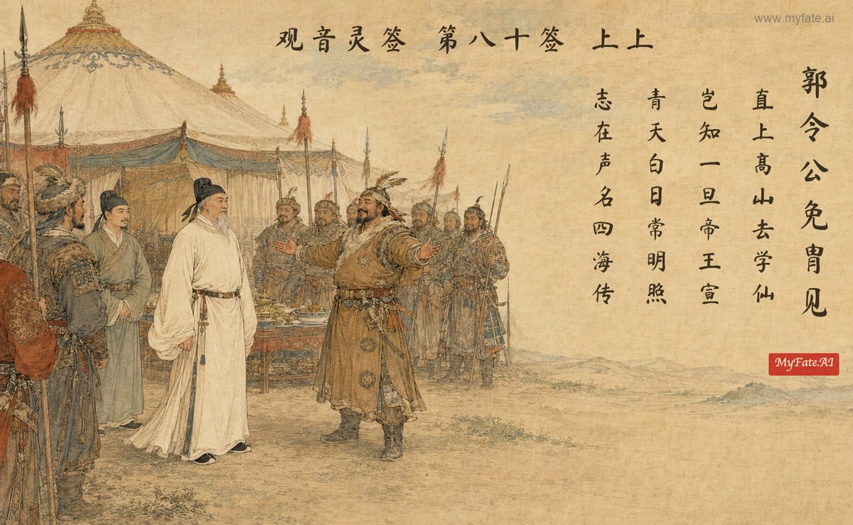 Guo Linggong Meets the Envoy Without His Helmet — illustration with Chinese inscription