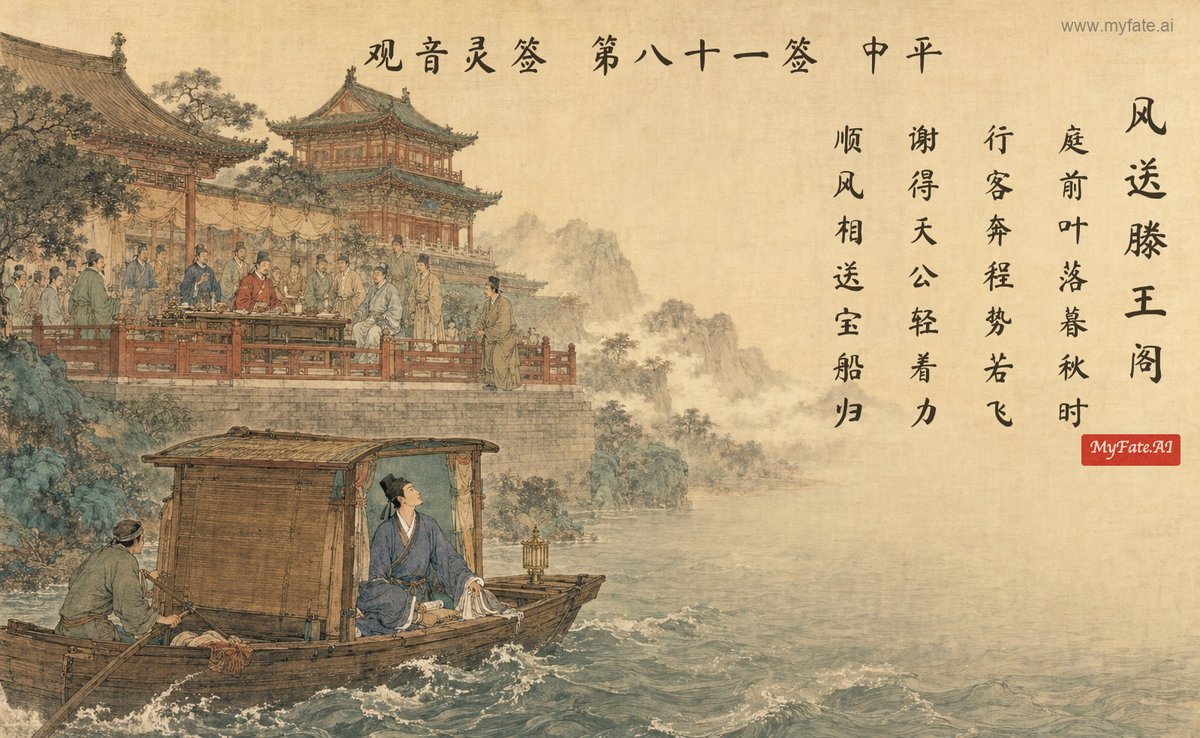 風に送られ滕王閣へ — 典故の挿絵(中国語の題字入り)