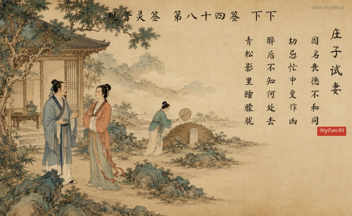Zhuangzi tests his wife — illustration with Chinese inscription