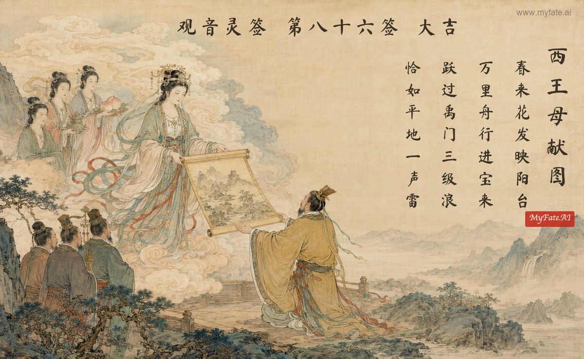 The Queen Mother of the West Presents a Chart — illustration with Chinese inscription