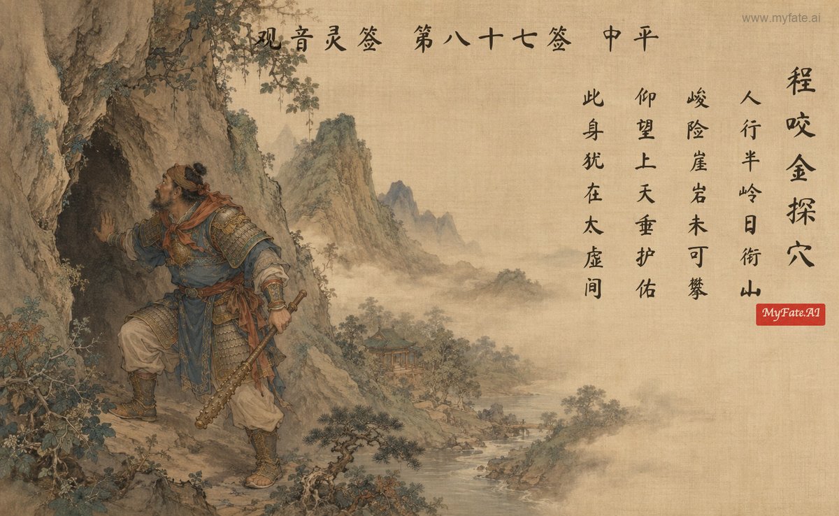 Cheng Yaojin explores the cave — illustration with Chinese inscription