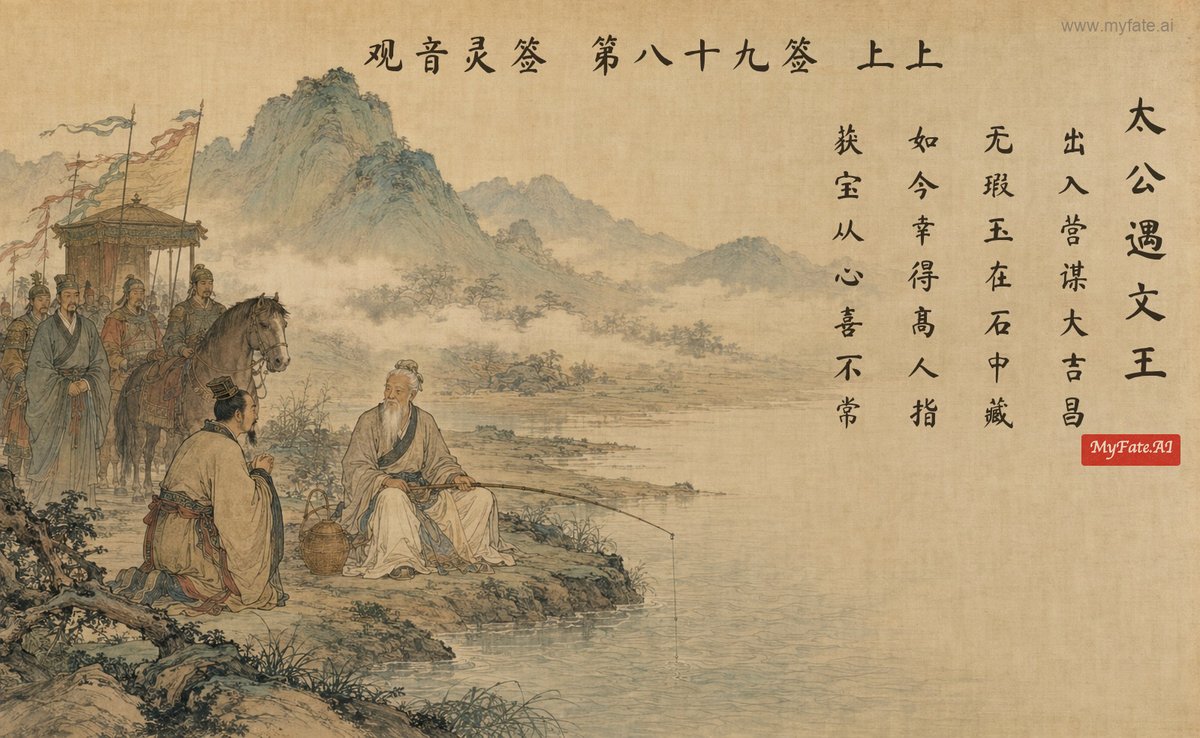 Taigong Meets King Wen — illustration with Chinese inscription