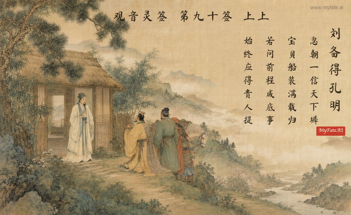 Liu Bei Finds Zhuge Liang — illustration with Chinese inscription