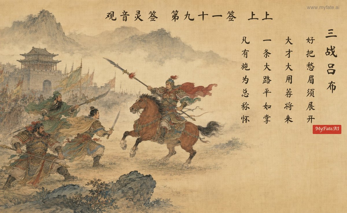 Thrice battling Lü Bu — illustration with Chinese inscription