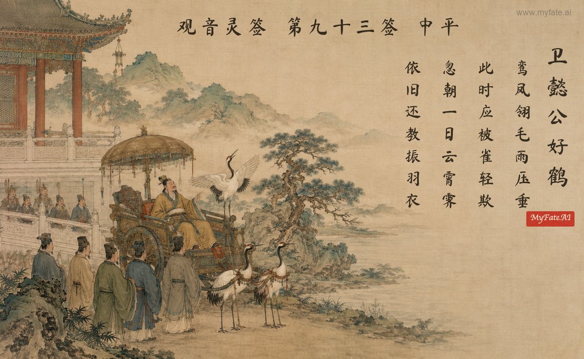Duke Yi of Wei and His Cranes — illustration with Chinese inscription