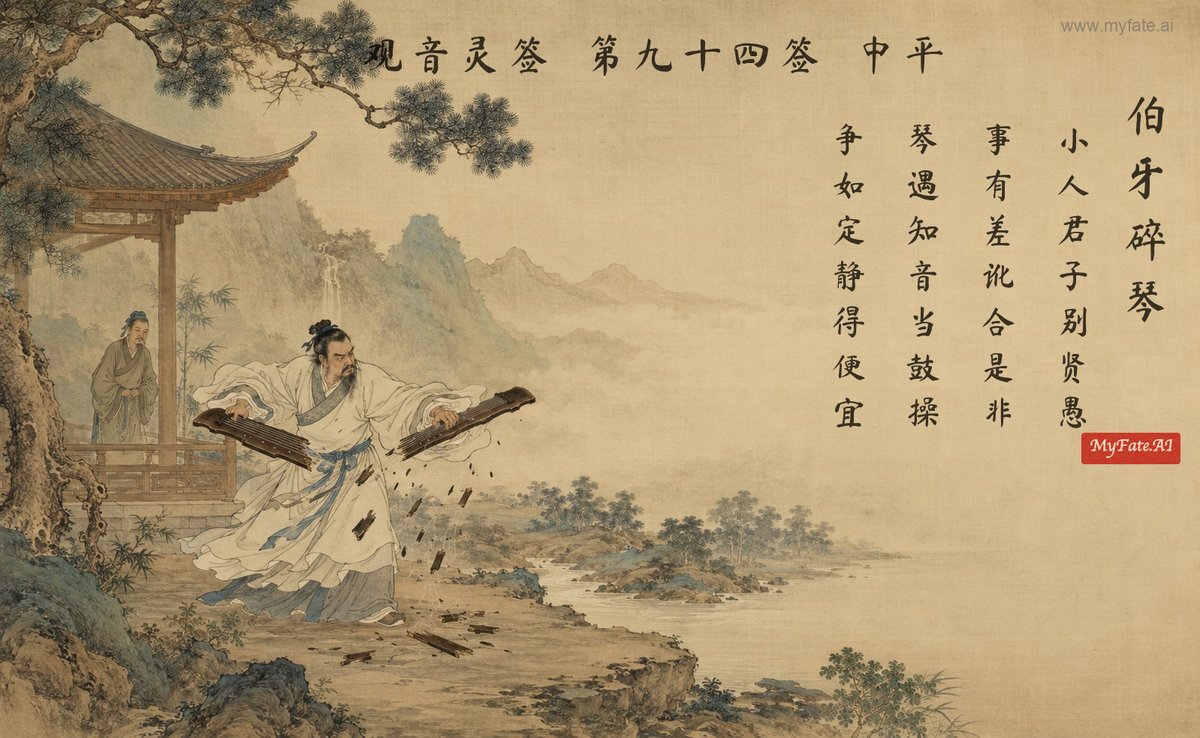 Boya smashes his zither — illustration with Chinese inscription