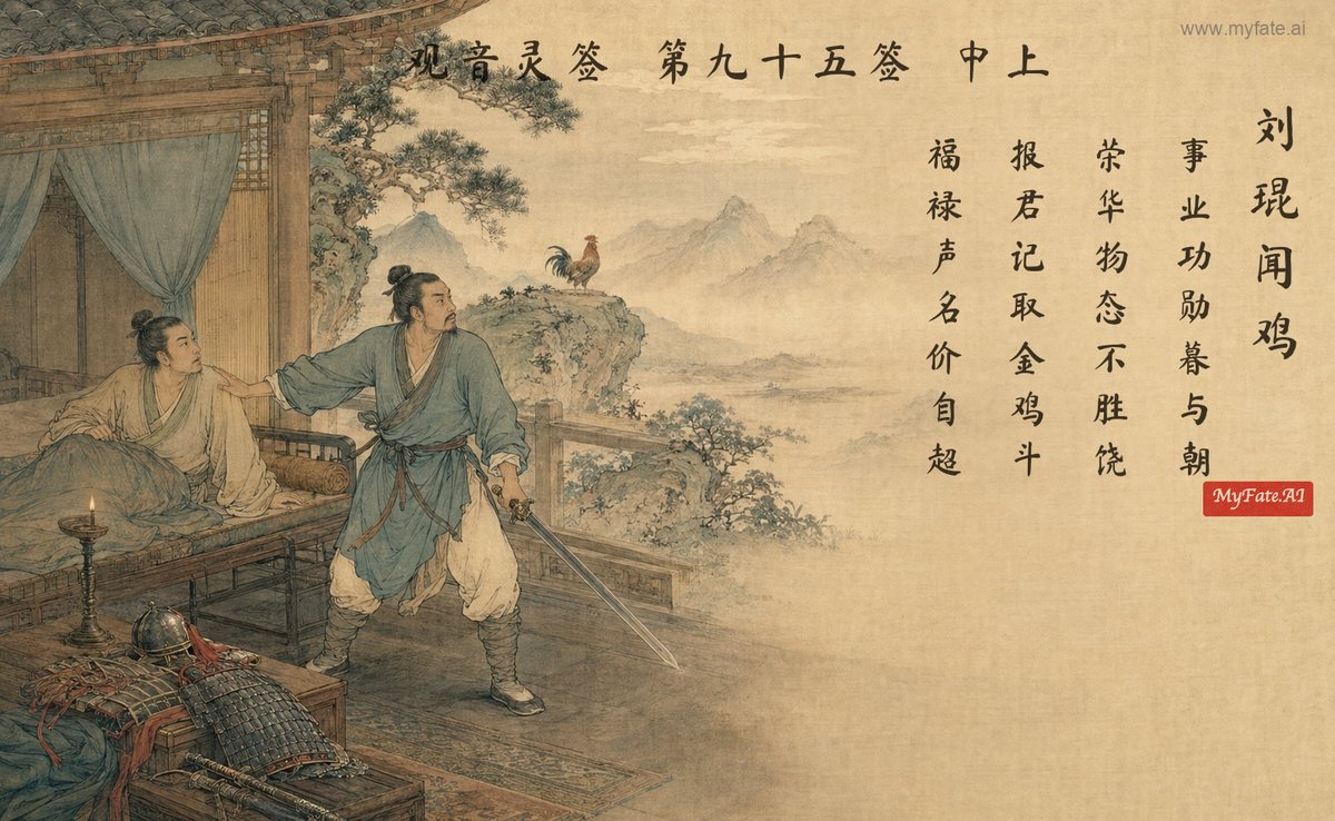 Liu Kun Rises at the Cock’s Crow — illustration with Chinese inscription