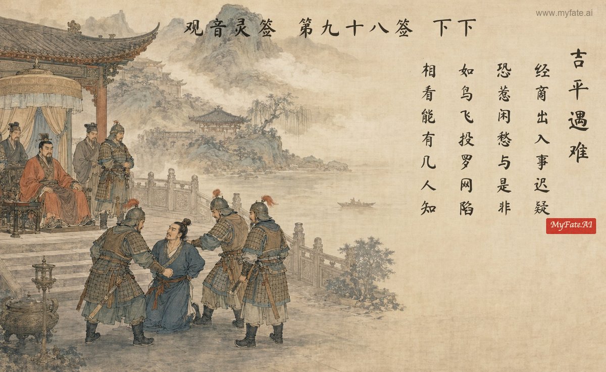 吉平、災難に遭う — 典故の挿絵（中国語の題字入り）