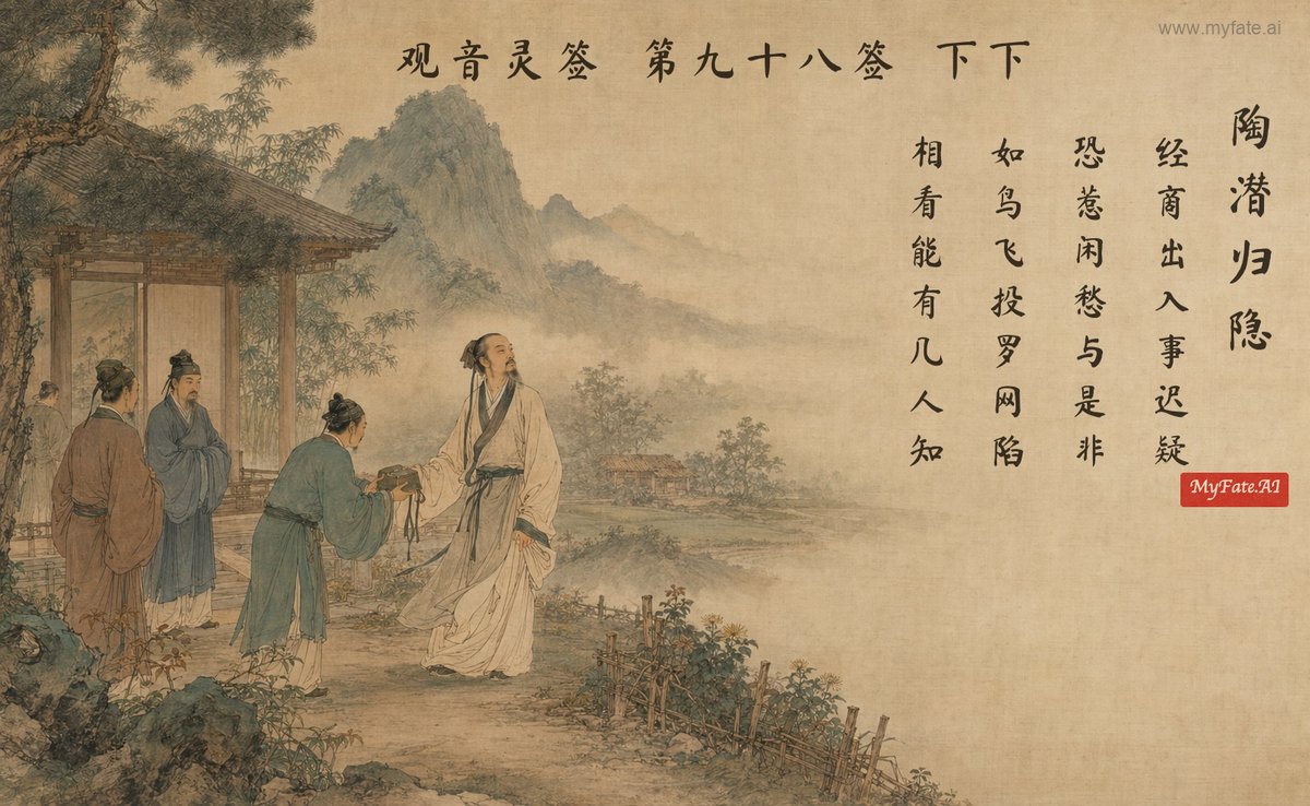 陶潜、隠棲する — 典故の挿絵（中国語の題字入り）
